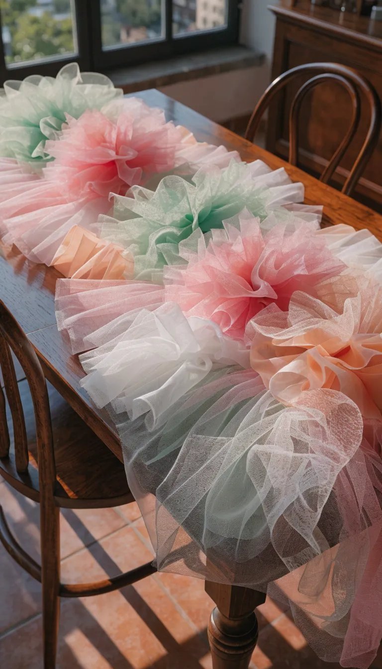 27 Beautiful Mother's Day Decor Ideas Artistic tulle table runners in pastel colors, designed for Mother's Day decor.