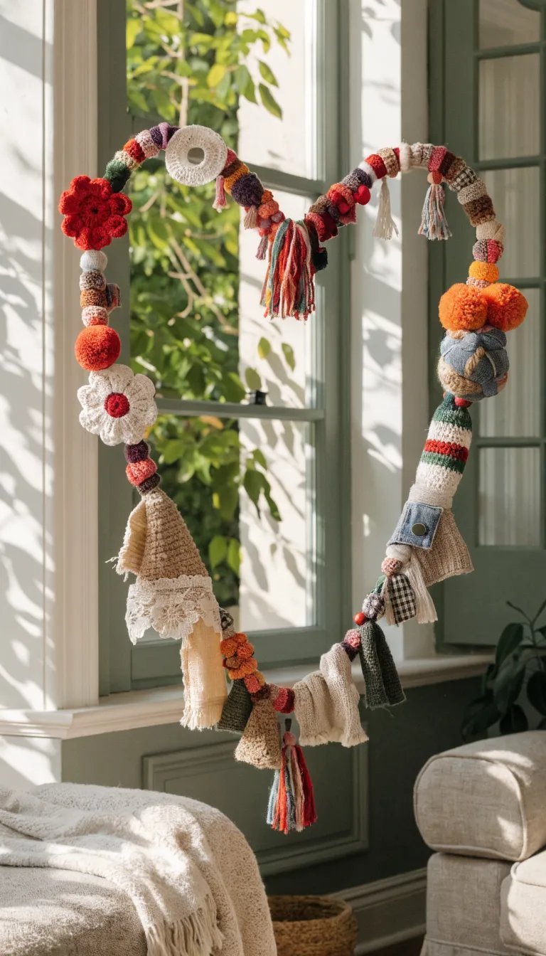 27 Beautiful Mother's Day Decor Ideas A colorful DIY heart garland made from yarn and knitted pieces, hanging near a window.