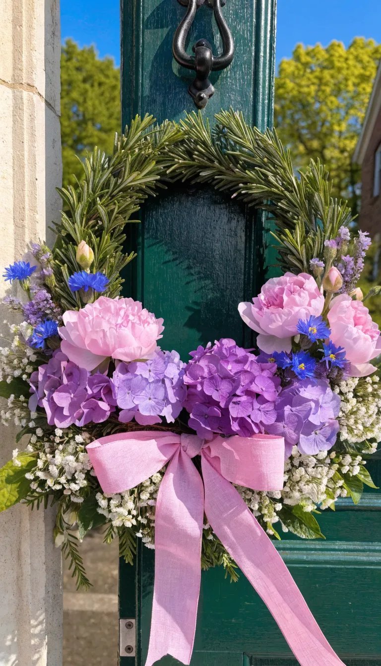 27 Beautiful Mother's Day Decor Ideas A beautiful spring wreath hanging on a green door, decorated with pink and purple flowers and a pink ribbon.