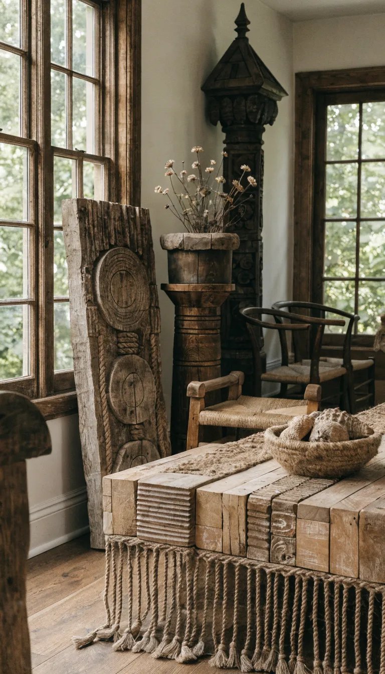 27 Beautiful Mother's Day Decor Ideas A cozy room with rustic wooden accents, including a wooden table, wooden statues, and natural decor.