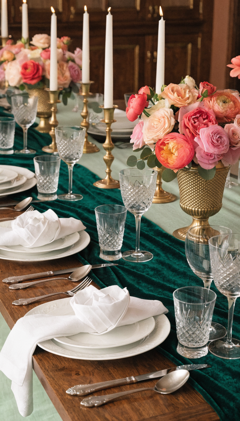 27 Beautiful Mother's Day Decor Ideas A charming table setting with floral arrangements, candles, and elegant dinnerware for Mother's Day.