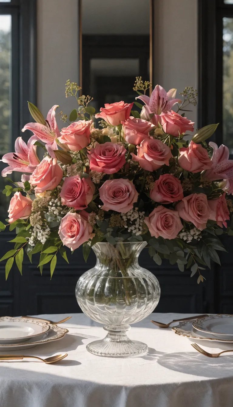 27 Beautiful Mother's Day Decor Ideas A beautiful floral centerpiece featuring pink roses and lilies in a clear glass vase on a table. Mother's Day Decor