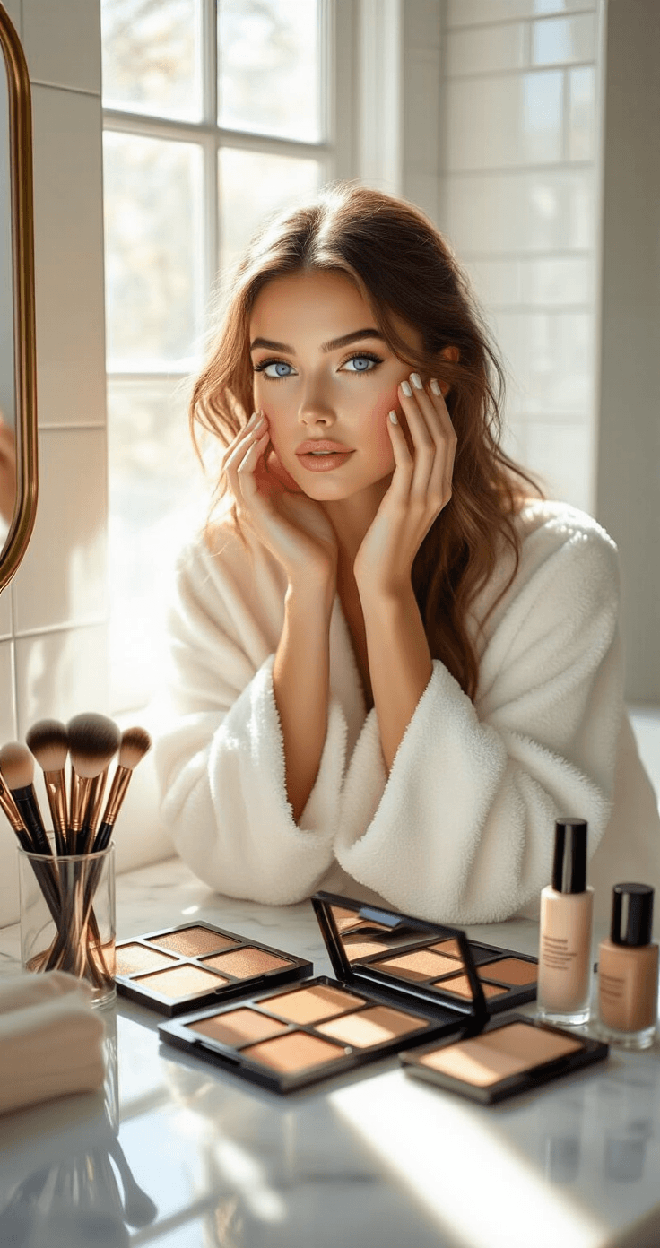 Wedding Guest Makeup for Blue Eyes That Actually Complements Your Natural Color A woman with blue eyes sits at a marble vanity in a modern bathroom, applying eyeshadow primer under soft window light, surrounded by organized warm-toned makeup palettes and tools, creating a serene beauty scene.