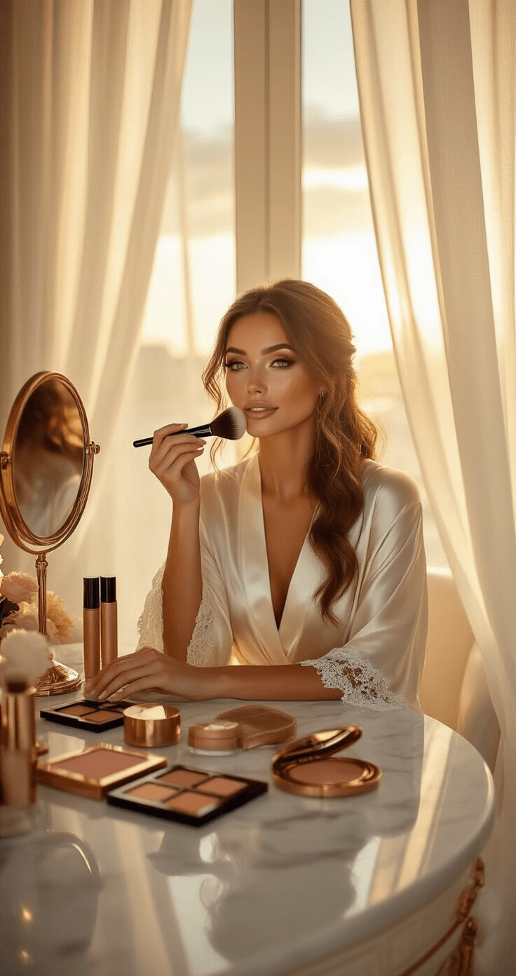 Bronzy Glowy Makeup Wedding – The Ultimate Bridal Glow Tutorial A radiant bride in a silk ivory robe applies bronzer at a luxurious vanity, illuminated by warm golden sunlight filtering through sheer curtains, with an elegant array of high-end makeup products surrounding her.