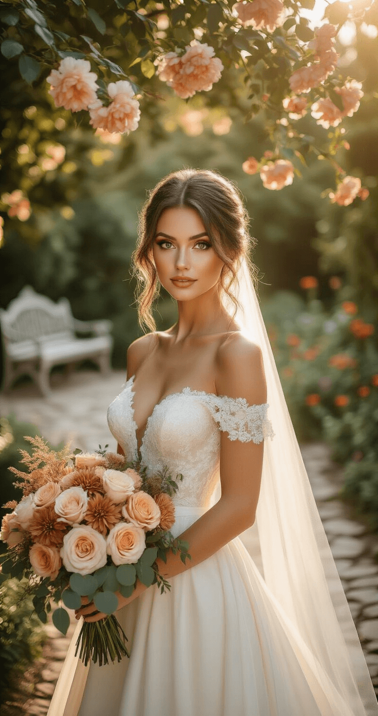 Bronzy Glowy Makeup Wedding – The Ultimate Bridal Glow Tutorial A bride in an off-shoulder ivory silk wedding dress poses in a romantic outdoor garden during golden hour, surrounded by flowering trees and vibrant warm-toned flowers, with bronzy makeup that glows in the soft sunlight.