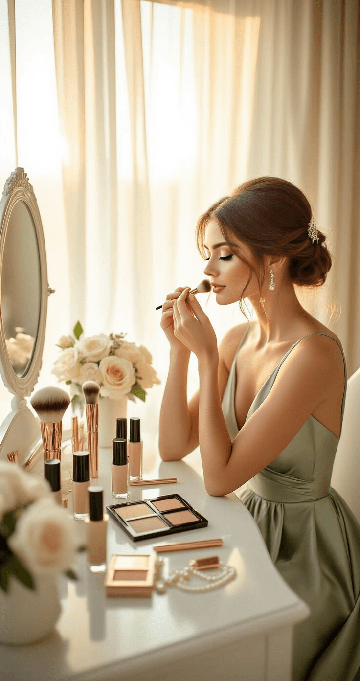 Wedding Makeup for Bridesmaids That Actually Lasts Through Crying, Dancing, and 200 Photos A bridesmaid in a sage green silk dress applies neutral eyeshadow at an elegant white vanity in a sunlit bridal suite, surrounded by neatly arranged makeup products, rose gold brushes, and a small bouquet of white roses, all illuminated by warm golden light.