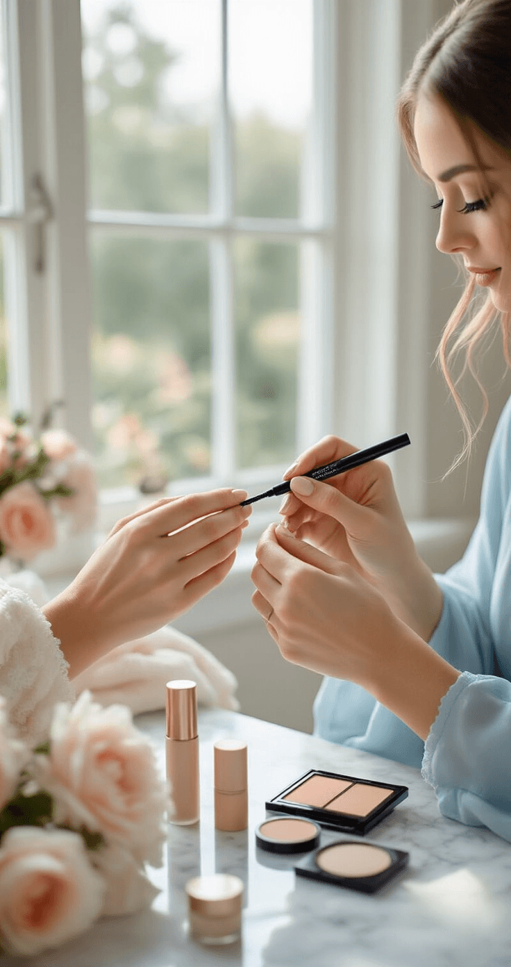Wedding Makeup for Bridesmaids That Actually Lasts Through Crying, Dancing, and 200 Photos Close-up of a bridesmaid in a dusty blue chiffon dress applying waterproof eyeliner on a marble vanity, surrounded by makeup products and soft textures, with natural light streaming through large windows.