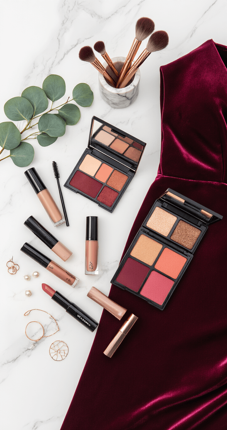 Wedding Makeup for Bridesmaids That Actually Lasts Through Crying, Dancing, and 200 Photos Overhead flat lay of a bridesmaid makeup collection on a white marble surface, featuring a burgundy velvet dress, long-wear makeup products, rose gold brushes, gold jewelry, eucalyptus sprigs, and pearl hair pins, showcasing a coordinated beauty look in natural daylight.