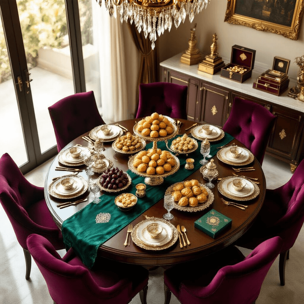 Eid Gift Ideas That'll Actually Make People Smile (Not Just Politely Nod) Elegant indoor dining room set for an intimate Eid celebration, featuring a round mahogany table with emerald green silk table runner, gold-rimmed china, and ornate silver platters filled with dates, baklava, and cookies. The sideboard displays luxurious gifts, and ambient chandelier lighting casts soft shadows over velvet cushions and polished silverware. Fresh white roses add a touch of softness to the rich jewel-toned decor.