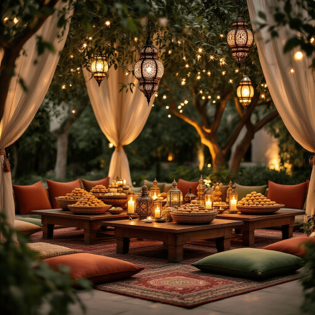 Eid Gift Ideas That'll Actually Make People Smile (Not Just Politely Nod) Candlelit Eid evening garden celebration featuring low wooden tables, plush terracotta and sage green cushions, ornate Moroccan lanterns, woven gift baskets, string lights, and an array of Middle Eastern sweets on vintage ceramic plates, creating a warm and enchanting atmosphere.