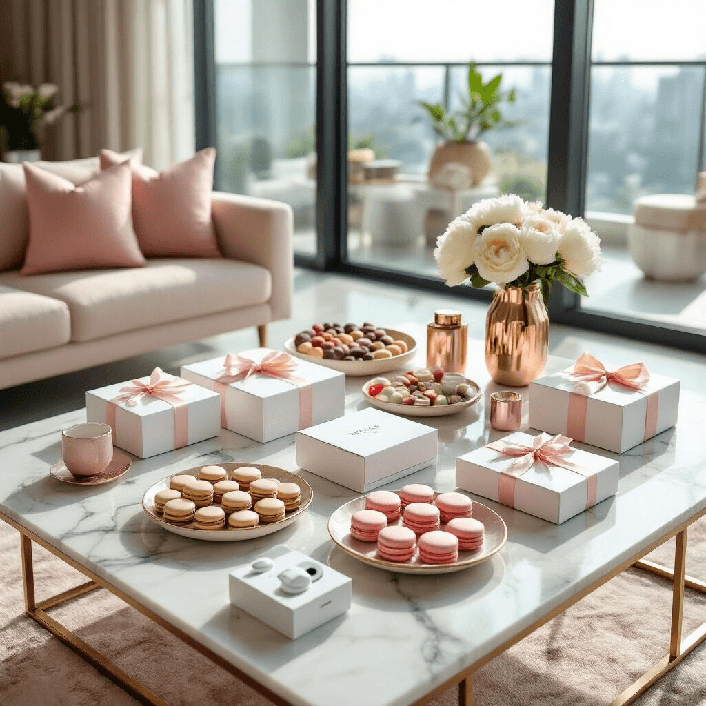 Eid Gift Ideas That'll Actually Make People Smile (Not Just Politely Nod) Bright flat lay of a contemporary Eid gift exchange party in a modern living room, featuring a marble coffee table with neatly wrapped gifts, geometric platters of colorful treats, and a soft blush pink and cream color palette. Clean-lined furniture enhances the space, with layered textiles adding warmth and sunlight streaming through large windows.