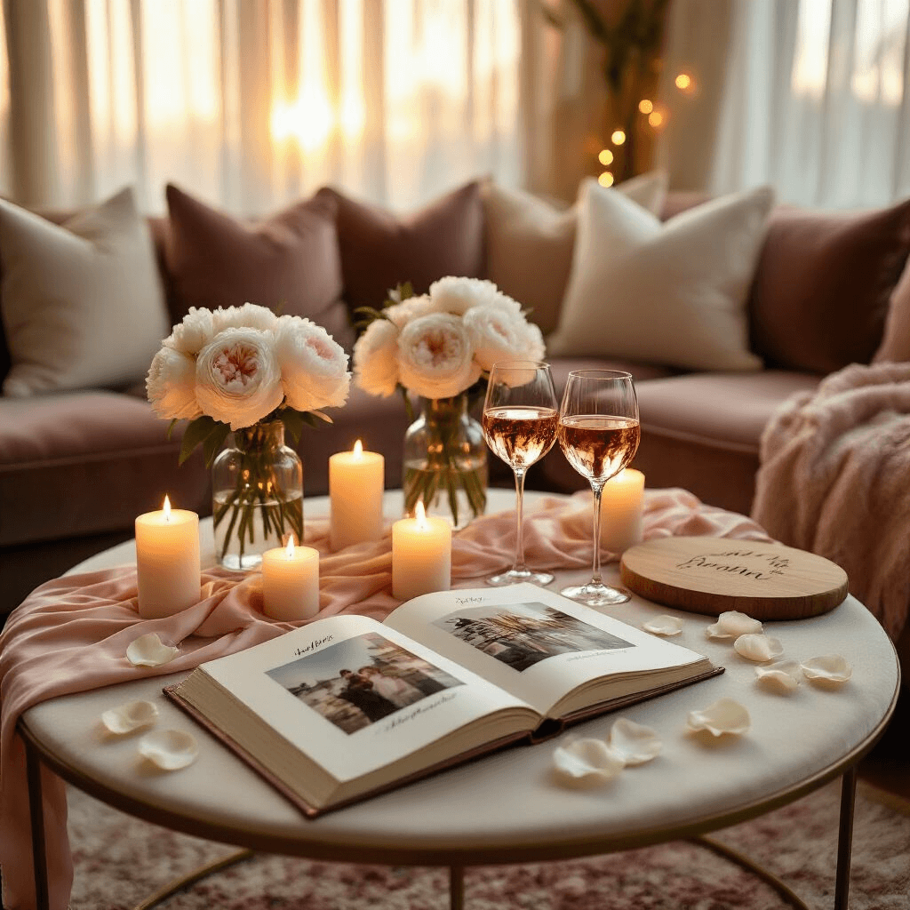 6-Month Anniversary Gift Ideas That Actually Mean Something Photorealistic intimate anniversary dinner setup with a blush silk tablecloth, vintage glass bottles with white peonies, candles, rosé in wine glasses, and fairy lights, all bathed in golden hour light.