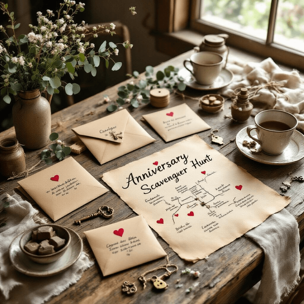 6-Month Anniversary Gift Ideas That Actually Mean Something Photorealistic overhead view of a romantic anniversary scavenger hunt setup on a rustic wooden table, featuring vintage kraft envelopes with elegant calligraphy, a hand-drawn map, polaroid photos, antique keys, pressed flowers, and whimsical mason jars, all bathed in soft morning light and warm earth tones.