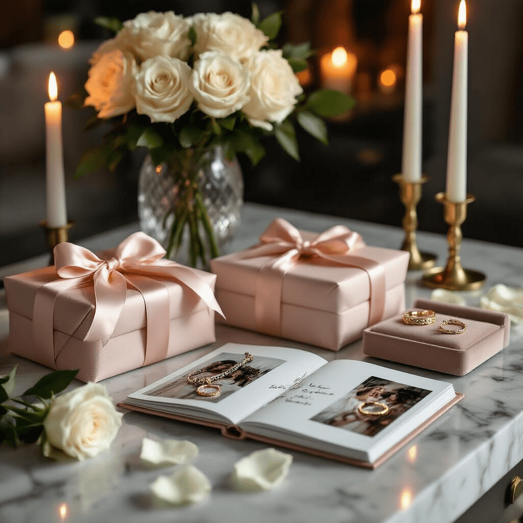 6-Month Anniversary Gift Ideas That Actually Mean Something Photorealistic close-up of an elegant anniversary gift presentation featuring wrapped presents with blush pink silk ribbon, an open custom photo book, tapered candles, engraved jewelry on velvet, fresh white roses in a crystal vase, and personalized items, all set against a marble countertop in a candlelit modern apartment, showcasing luxurious textures and a romantic atmosphere.