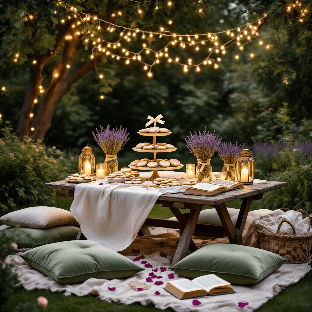 6-Month Anniversary Gift Ideas That Actually Mean Something A romantic outdoor anniversary picnic setup at night, featuring a vintage wooden table with an ivory tablecloth, oversized sage velvet cushions, a three-tiered cake stand with custom cookies, a memory jar, string lights overhead, lanterns, fresh lavender centerpieces, scattered rose petals, vintage books, layered blankets, ceramic dinnerware, and crystal glasses, all under a starlit sky.