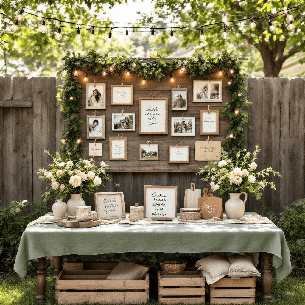 6-Month Anniversary Gift Ideas That Actually Mean Something Photorealistic anniversary memory wall display in a stylish backyard, featuring framed photos and mementos on a wooden fence, a rustic sage green-dressed table with anniversary gifts, seasonal flowers, and dappled sunlight filtering through tree branches.