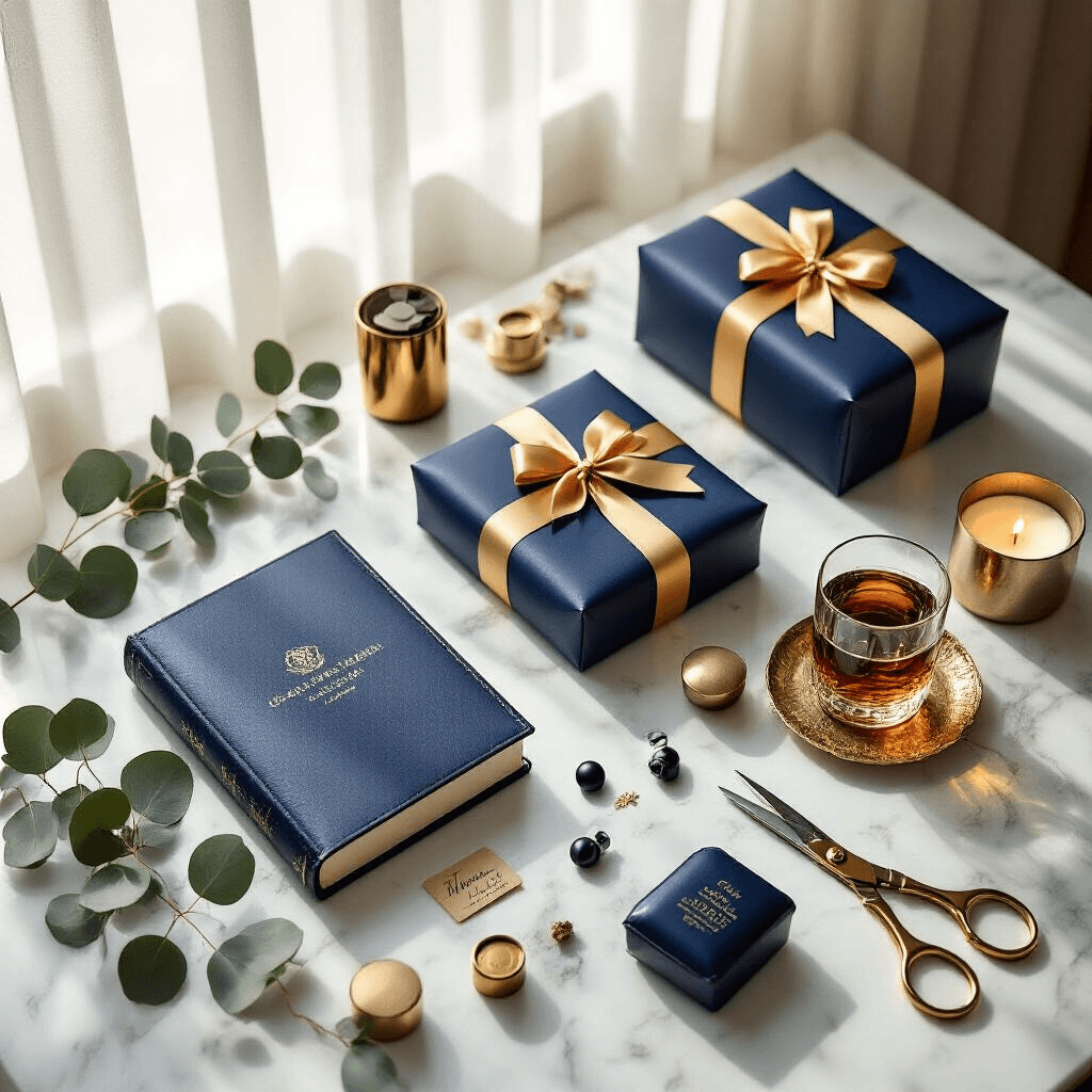 Gift Ideas for Him That'll Actually Make Him Smile (Not Just Say "Thanks, Babe") Elegant gift wrapping station on a white marble countertop with navy blue and gold wrapping paper, silk ribbons, masculine gifts like a leather-bound book and wireless earbuds, surrounded by brass scissors, wax seals, eucalyptus sprigs, and candlelight.