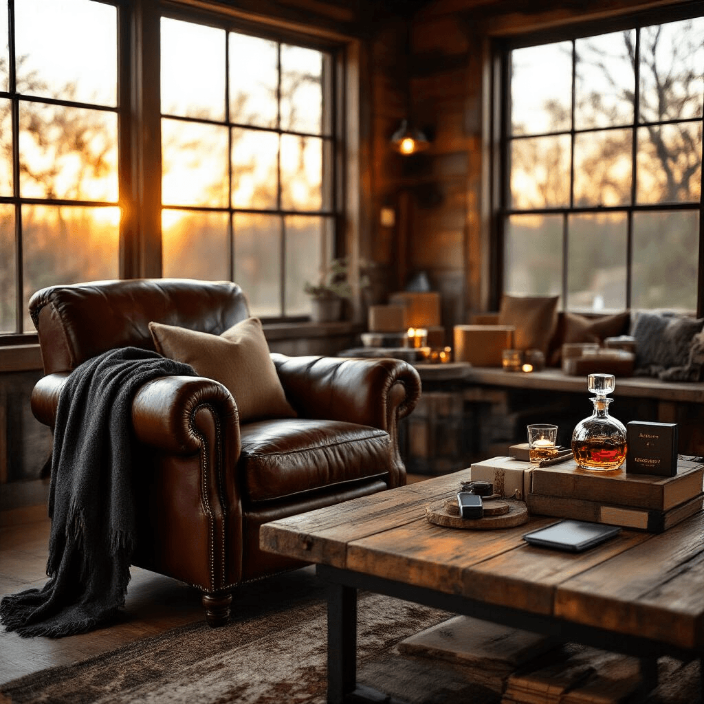 Gift Ideas for Him That'll Actually Make Him Smile (Not Just Say "Thanks, Babe") A cozy den setup during golden hour featuring a leather armchair next to a rustic reclaimed wood coffee table, illuminated by warm amber light through vintage industrial windows. The scene displays an array of gifts including tech gadgets and personalized items, with rich textures of leather, metal, and wood, accented by soft throw blankets and a vintage whiskey decanter, creating an intimate and masculine atmosphere.