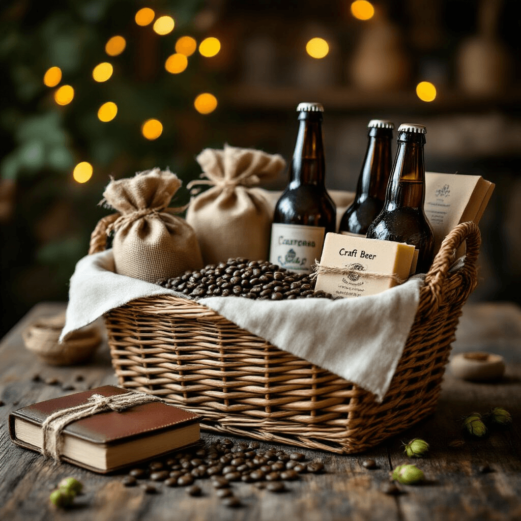 Gift Ideas for Him That'll Actually Make Him Smile (Not Just Say "Thanks, Babe") Close-up of an artisanal gift basket on a weathered wooden table, containing gourmet coffee beans, craft beer bottles, a leather journal, and handmade soap, with fairy lights creating bokeh in the background and warm candlelight casting shadows.