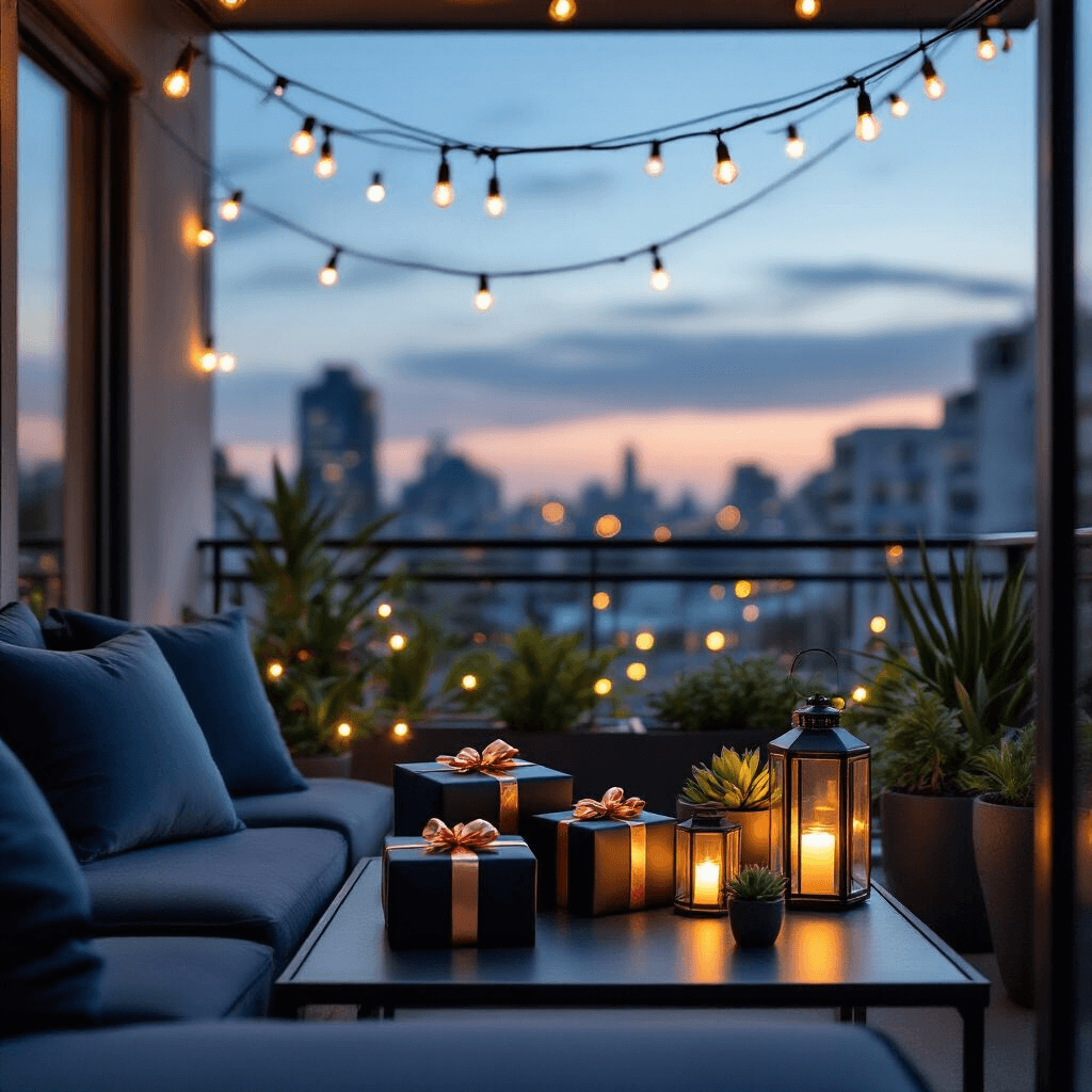 Gift Ideas for Him That'll Actually Make Him Smile (Not Just Say "Thanks, Babe") Cinematic wide shot of a modern apartment balcony adorned with string lights, featuring a sleek side table displaying elegantly wrapped gifts in matte black paper with copper accents, surrounded by an urban twilight backdrop and lush succulents, evoking a romantic and intimate atmosphere.