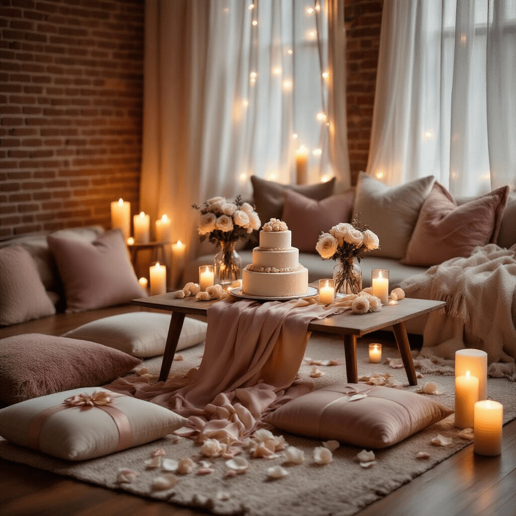 Thoughtful Birthday Gifts for Your Girlfriend That She'll Actually Love A cozy indoor birthday celebration featuring warm candlelight, a tiered cake surrounded by roses, velvet floor cushions, and pastel-wrapped gifts, all set against a backdrop of fairy lights and exposed brick walls.