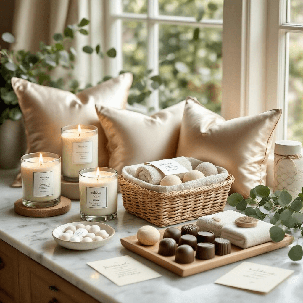 Thoughtful Birthday Gifts for Your Girlfriend That She'll Actually Love Overhead view of a luxurious self-care gift arrangement on a marble countertop, featuring candles, silk pillowcases, face masks in a wicker basket, bath bombs on a wooden tray, eucalyptus sprigs, ceramic dishes with chocolates, and handwritten notes, all in a soothing color palette of sage green, ivory, and gold.