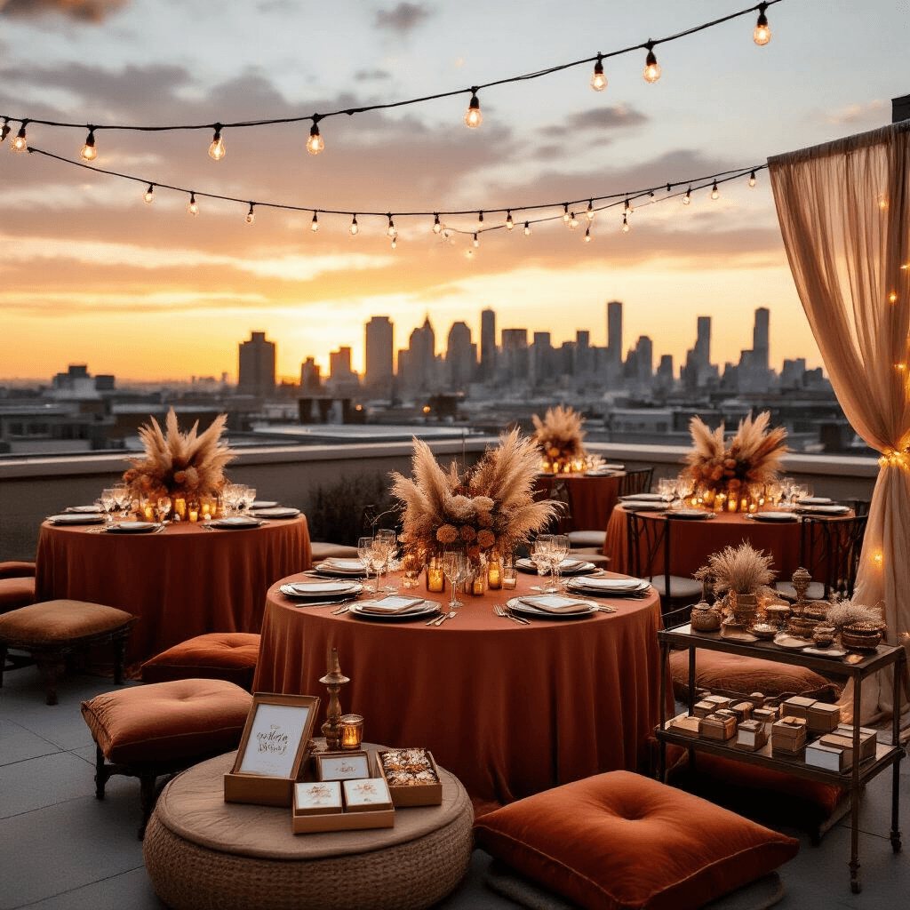 Thoughtful Birthday Gifts for Your Girlfriend That She'll Actually Love Cinematic shot of a stylish rooftop terrace decorated for a birthday celebration at golden hour, featuring round tables with terracotta and cream linens, vintage brass candlesticks, and low centerpieces of pampas grass and seasonal flowers, complemented by plush Moroccan floor cushions and a dessert cart with elegant gift boxes, all set against a stunning urban skyline.