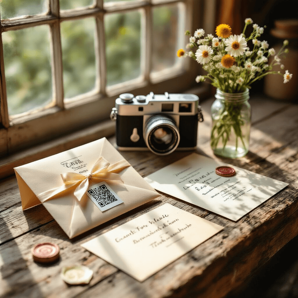 Thoughtful Birthday Gifts for Your Girlfriend That She'll Actually Love Close-up of an artfully arranged gift experience featuring concert tickets in an envelope, a custom playlist printed with a QR code, a vintage Polaroid camera with film, handwritten letters tied with a silk ribbon, and wildflowers in mason jars, all on a rustic wooden surface illuminated by natural sunlight.