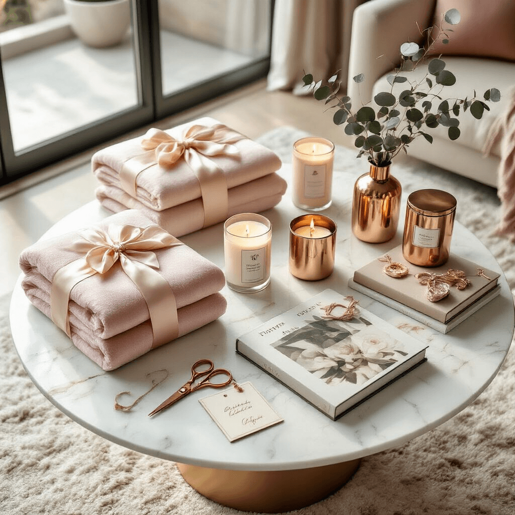 Cool Gift Ideas That Won't Make People Fake-Smile at You Photorealistic overhead shot of a luxurious gift wrapping station on a round white marble coffee table, featuring silk-wrapped weighted blankets, artisanal soy candles, quirky desktop games, and coffee table books, styled with cream silk ribbons, dried eucalyptus, personalized tags, and rose gold scissors, all in a warm blush pink and cream color palette.