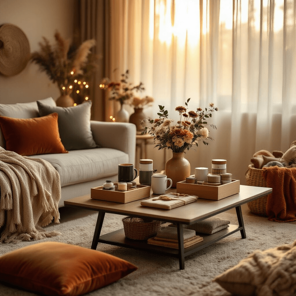 Cool Gift Ideas That Won't Make People Fake-Smile at You Cinematic wide-angle shot of a cozy living room during golden hour, featuring a low coffee table adorned with curated gifts like smart mugs and spa kits, surrounded by plush velvet floor cushions and chunky knit throw blankets, all set in a warm color palette of terracotta, sage green, and cream, enhanced by string lights and fresh flowers in vases.