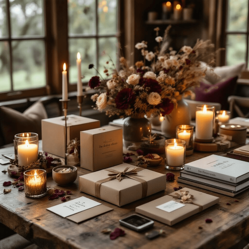 Cool Gift Ideas That Won't Make People Fake-Smile at You Close-up of a beautifully styled gift table featuring DIY craft kits, personalized fragrance sets, and coffee table books, all lit by candlelight and accented with handwritten notes and dried flowers in a cozy dining nook.