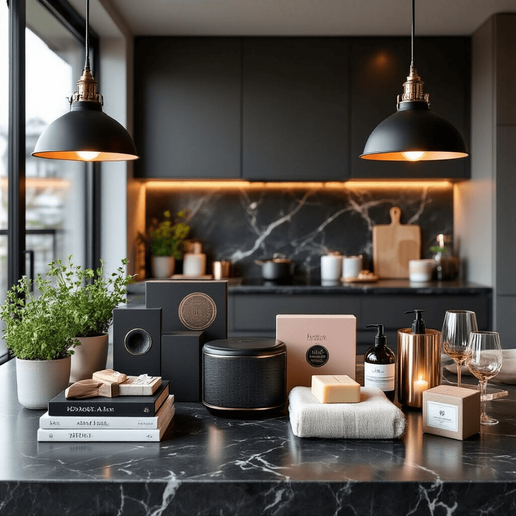 Cool Gift Ideas That Won't Make People Fake-Smile at You Moody cinematic image of a modern kitchen counter adorned with a luxurious gift display, featuring black marble surfaces, warm string lighting, geometric gift boxes, fresh herbs, and elegant packaged bath items, all in a sophisticated color palette of charcoal, ivory, and rose gold.