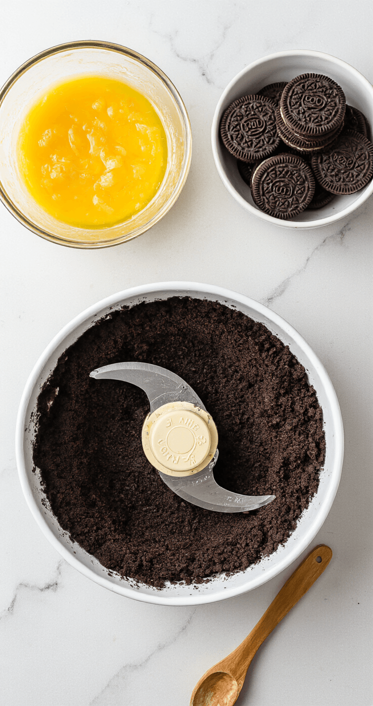 Cookies and Cream Cheesecake: No-Bake and Baked Perfection Cinematic overhead shot of Oreo cookie crumbs on a marble countertop, with melted butter in a glass bowl, a gleaming food processor blade, a rustic wooden spoon against a springform pan, and a warm, cozy kitchen ambiance.