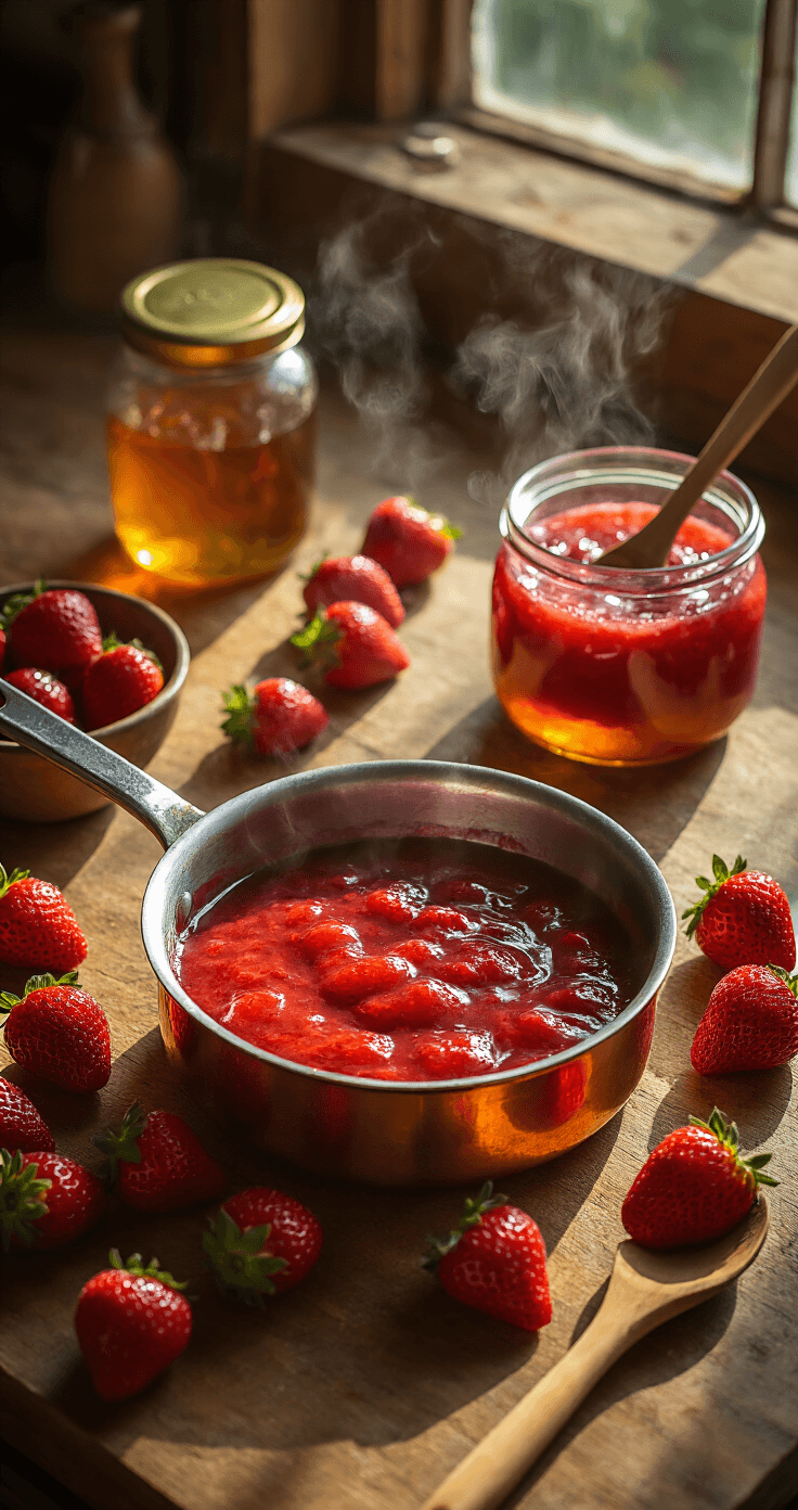 Strawberry Swirl Cake: The Prettiest Cake You'll Ever Make Cinematic overhead view of a rustic kitchen countertop with fresh strawberries, a bubbling saucepan of strawberry sauce, a jar of honey, and a wooden spoon, all bathed in warm afternoon sunlight.