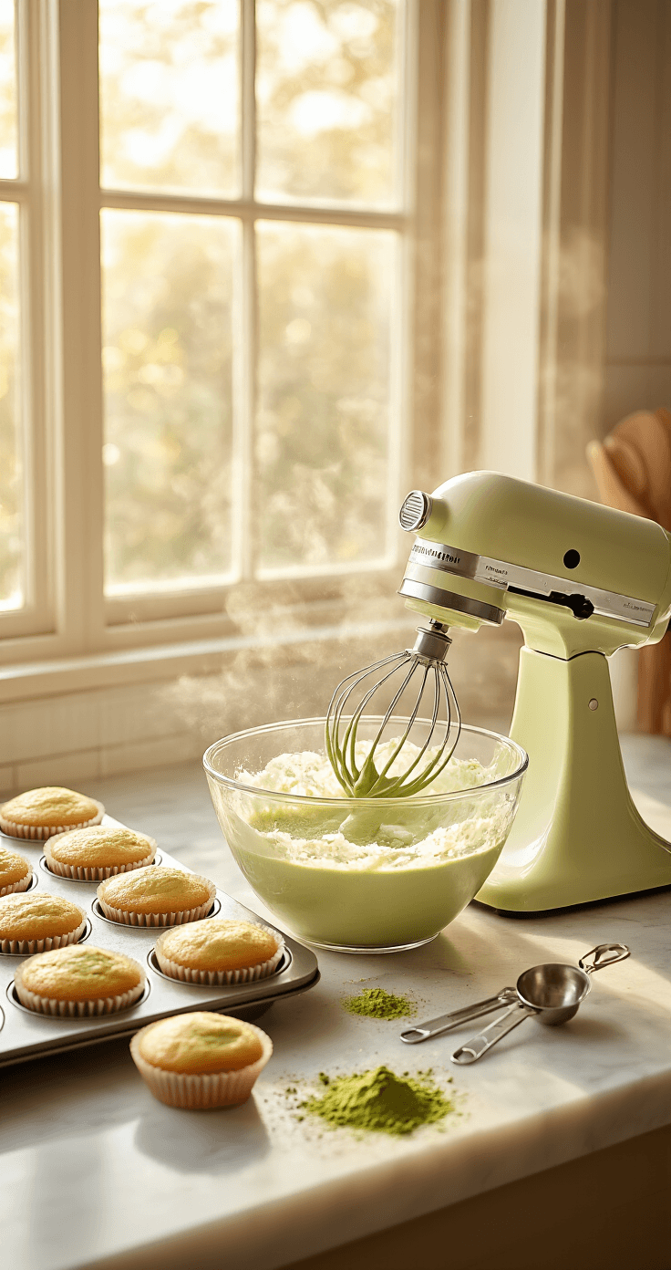Matcha Green Tea Cupcakes: The Only Recipe You Need A cinematic kitchen scene bathed in warm golden light, featuring an electric mixer whipping pale green matcha batter in a glass bowl, with flour clouds in the air, matcha powder on a marble countertop, gleaming measuring spoons, neatly arranged cupcake liners in a muffin tin, and gentle steam rising, embodying a cozy domestic atmosphere.