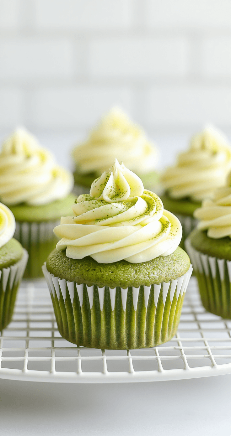 Matcha Green Tea Cupcakes: The Only Recipe You Need Elegant close-up of jade-green matcha cupcakes with swirled buttercream frosting on a vintage cooling rack, dusted with matcha powder, featuring cream liners in a pristine kitchen setting.