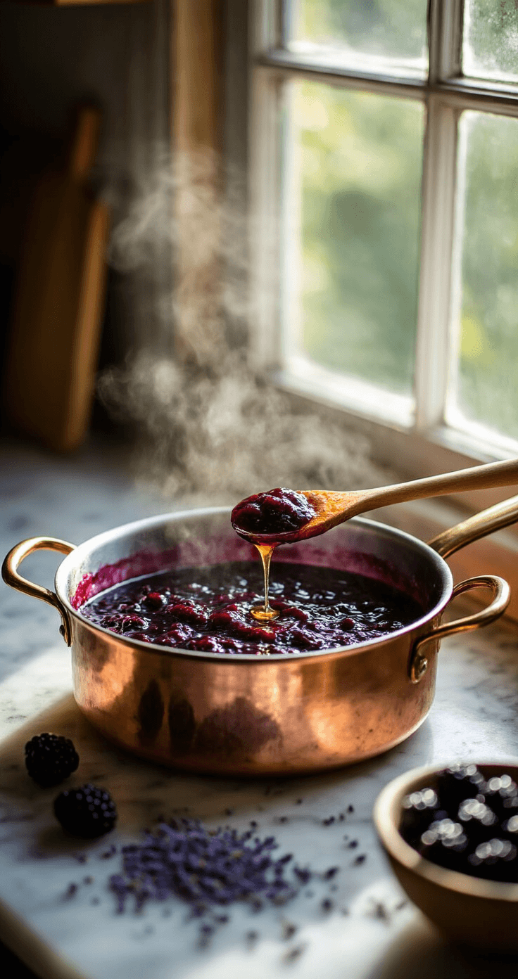 Blackberry Lavender Cake: A Showstopping Floral Dessert That Actually Tastes Good Rustic kitchen with blackberries simmering in a copper saucepan, steam rising, crushed lavender buds on marble countertop, honey dripping from a wooden spoon, warm afternoon light casting soft shadows, deep purple juices bubbling into glossy jam.