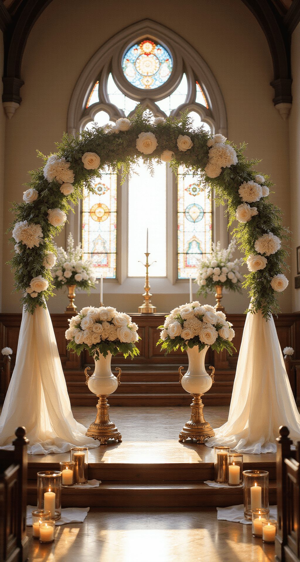Church Wedding Decor: The Complete Guide to Transforming Your Ceremony Space Wide-angle view of an elegant church altar setup during golden hour, featuring a 10-foot linen-draped arch adorned with white roses and eucalyptus, brass candelabras with white candles, and large urns filled with peonies and hydrangeas. Soft light from stained glass windows reflects on polished wooden floors, with elevated floral stands and decorative ribbons enhancing the Gothic architecture.