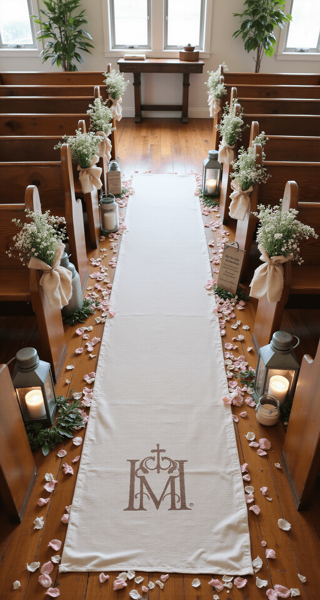 Church Wedding Decor: The Complete Guide to Transforming Your Ceremony Space Overhead flat lay of a rustic church aisle for a garden wedding, featuring wooden pews with mason jar wildflower arrangements, a cream muslin aisle runner with a monogram, scattered rose petals, galvanized lanterns with candles, and natural wood signs, all illuminated by warm morning sunlight.