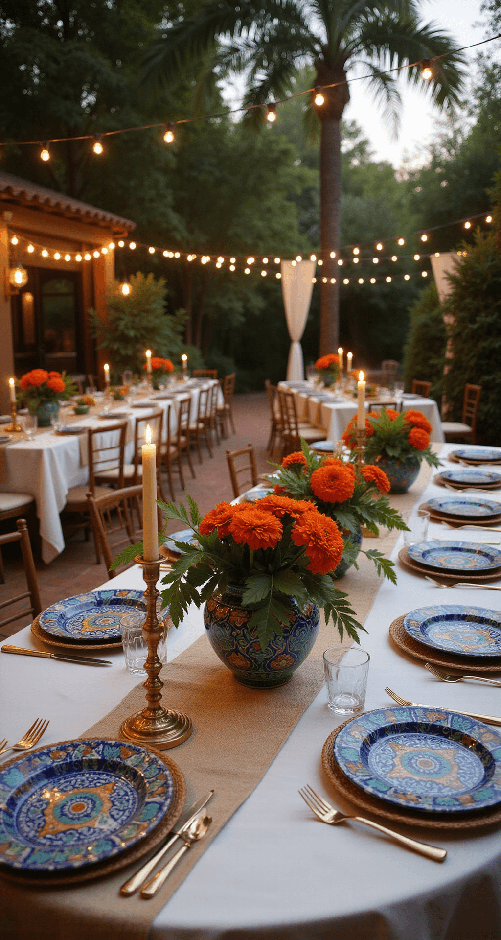 Talavera Wedding Decor: Your Complete Guide to Creating an Unforgettable Celebration Cinematic wide-angle shot of a garden wedding reception with cobalt blue and terracotta Talavera ceramic charger plates, cream silk table linens, and geometric hand-embroidered runners. Dramatic floral centerpieces in hand-painted vessels, warm Edison string lights, and terra cotta pathways enhance the intimate atmosphere, with gold candleholders illuminating the scene.