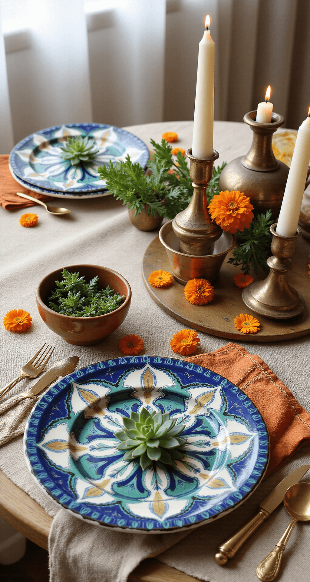 Talavera Wedding Decor: Your Complete Guide to Creating an Unforgettable Celebration Overhead flat lay of an intricately crafted Talavera ceramics place setting featuring a ceramic charger with hand-painted cobalt blue and emerald green patterns, accompanied by embroidered terracotta and gold napkins, antique copper flatware, a small ceramic bowl with herbs, artisan candleholders with ivory candles, scattered marigold petals, and dried pampas grass, all illuminated by soft natural morning light.