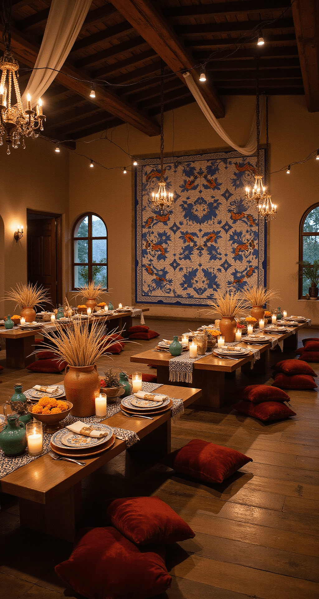 Talavera Wedding Decor: Your Complete Guide to Creating an Unforgettable Celebration A moody candlelit indoor venue featuring a dramatic Talavera tile backdrop installation behind a sweetheart table, surrounded by low wooden tables and velvet floor cushions in jewel tones. Warm amber lighting from lanterns and pillar candles casts intimate shadows across the ceramic vessels filled with dried grasses and marigolds, while silk textiles drape from wooden beams and geometric runners adorn the tables, showcasing seasonal fruits and pottery in a vibrant Talavera color palette.