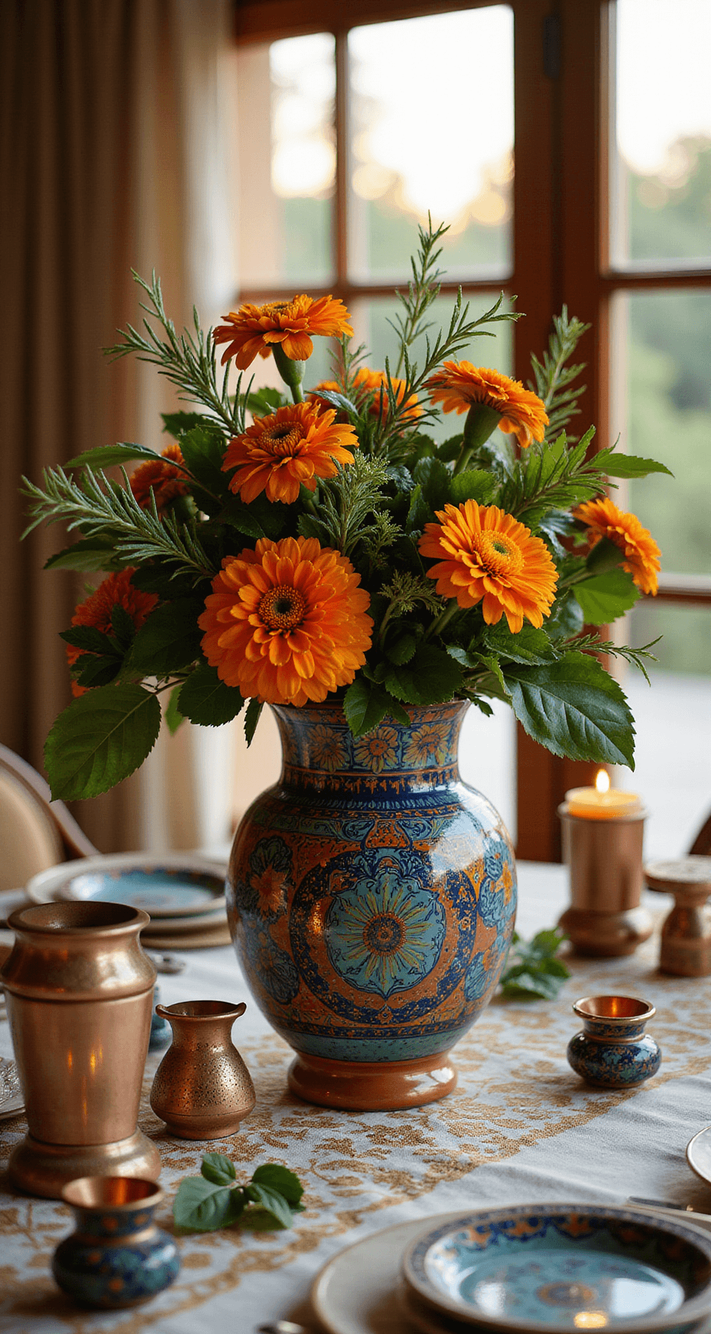 Talavera Wedding Decor: Your Complete Guide to Creating an Unforgettable Celebration Close-up of a luxury Talavera ceramic centerpiece featuring a hand-thrown vessel with cobalt blue and terracotta folk patterns, filled with marigolds and bougainvillea. The arrangement is atop a hand-embroidered table runner with gold and emerald motifs, surrounded by varying-height ceramic candleholders. Golden hour light enhances the ceramic textures and colors, with rosemary and basil sprigs adding freshness and copper accents reflecting the light.