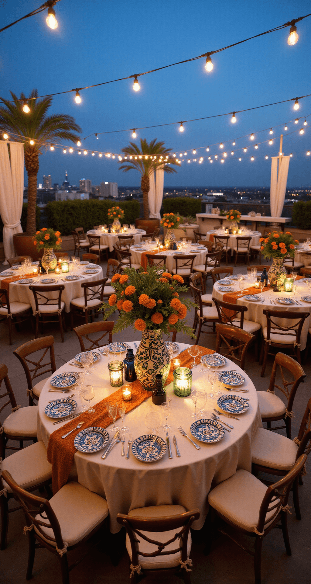 Talavera Wedding Decor: Your Complete Guide to Creating an Unforgettable Celebration Wide-angle shot of a sophisticated rooftop terrace wedding at twilight, featuring round tables adorned with Talavera ceramic installations, marigold centerpieces, and warm string lights, set against a city skyline backdrop.