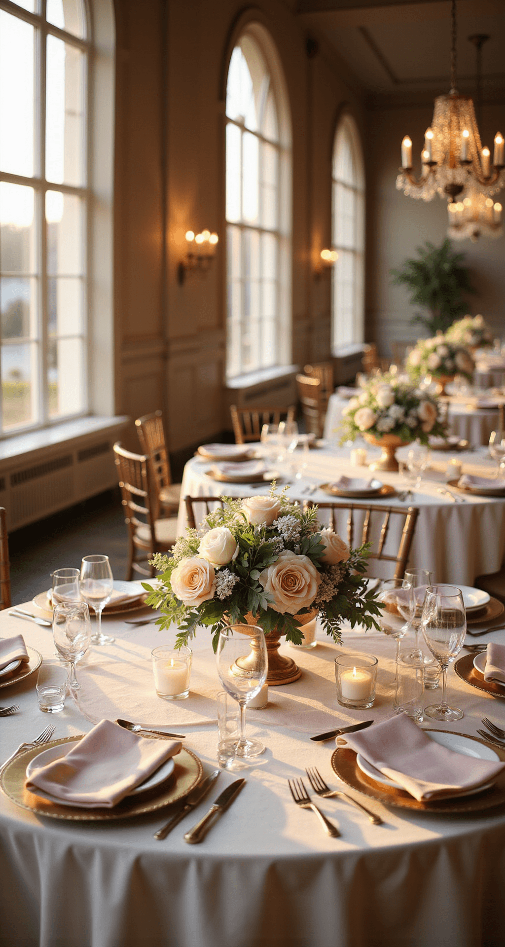 Round Wedding Tables: The Complete Guide to Creating Show-Stopping Centerpieces That'll Have Your Guests Talking A wide-angle view of an elegant ballroom set for a romantic wedding reception at golden hour, featuring round tables with blush rose centerpieces, ivory tablecloths, gold accents, and warm candlelight.