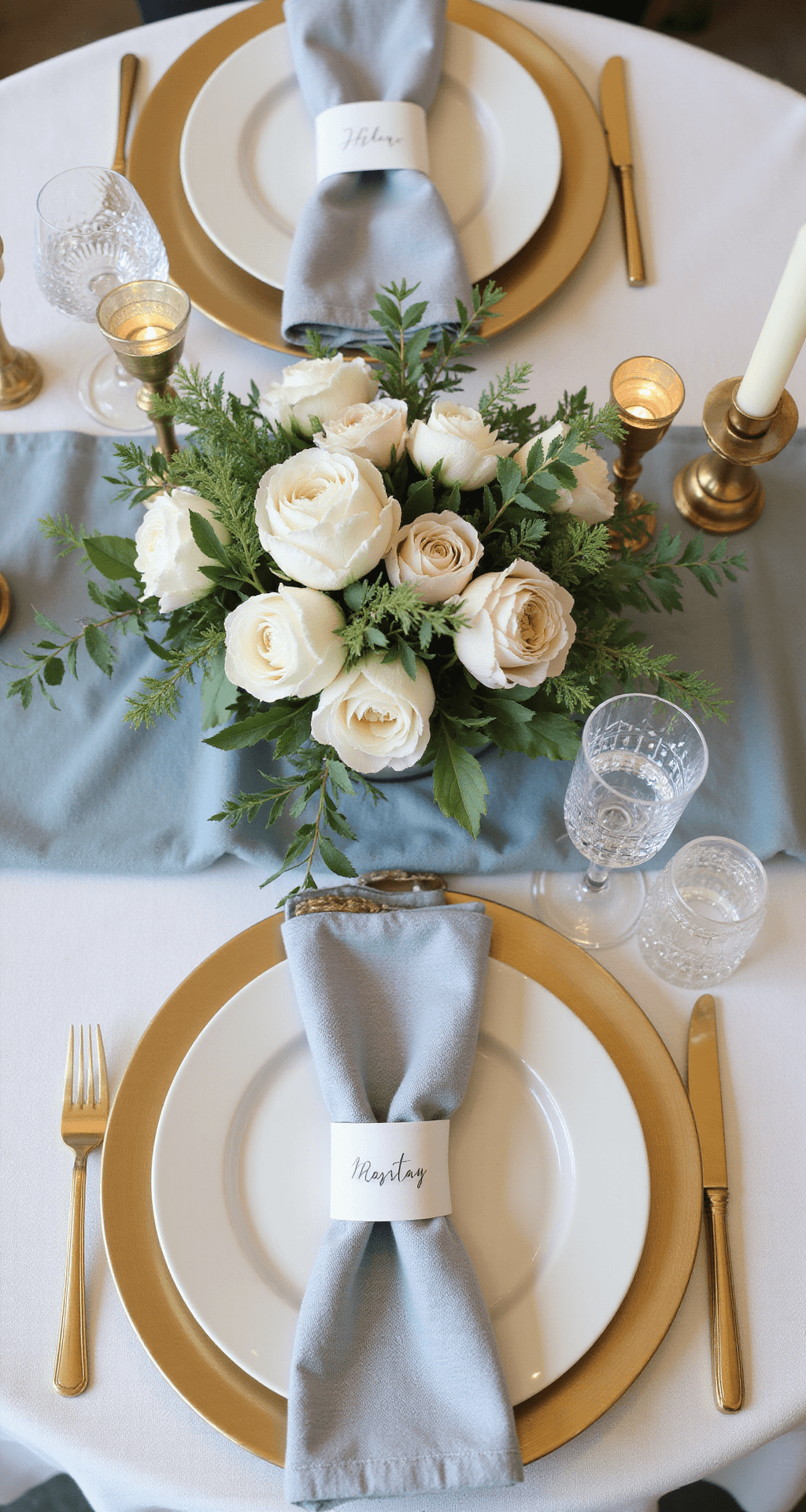 Round Wedding Tables: The Complete Guide to Creating Show-Stopping Centerpieces That'll Have Your Guests Talking An elegant round table place setting featuring a brushed gold charger plate, stacked ivory china dinner and salad plates, a dove gray linen napkin with a handwritten place card, gold flatware, crystal glasses, a low centerpiece of white garden roses and pale pink peonies, surrounded by ivory taper candles and mercury glass votives, all atop an ivory tablecloth and dusty blue table runner, captured in soft natural lighting.