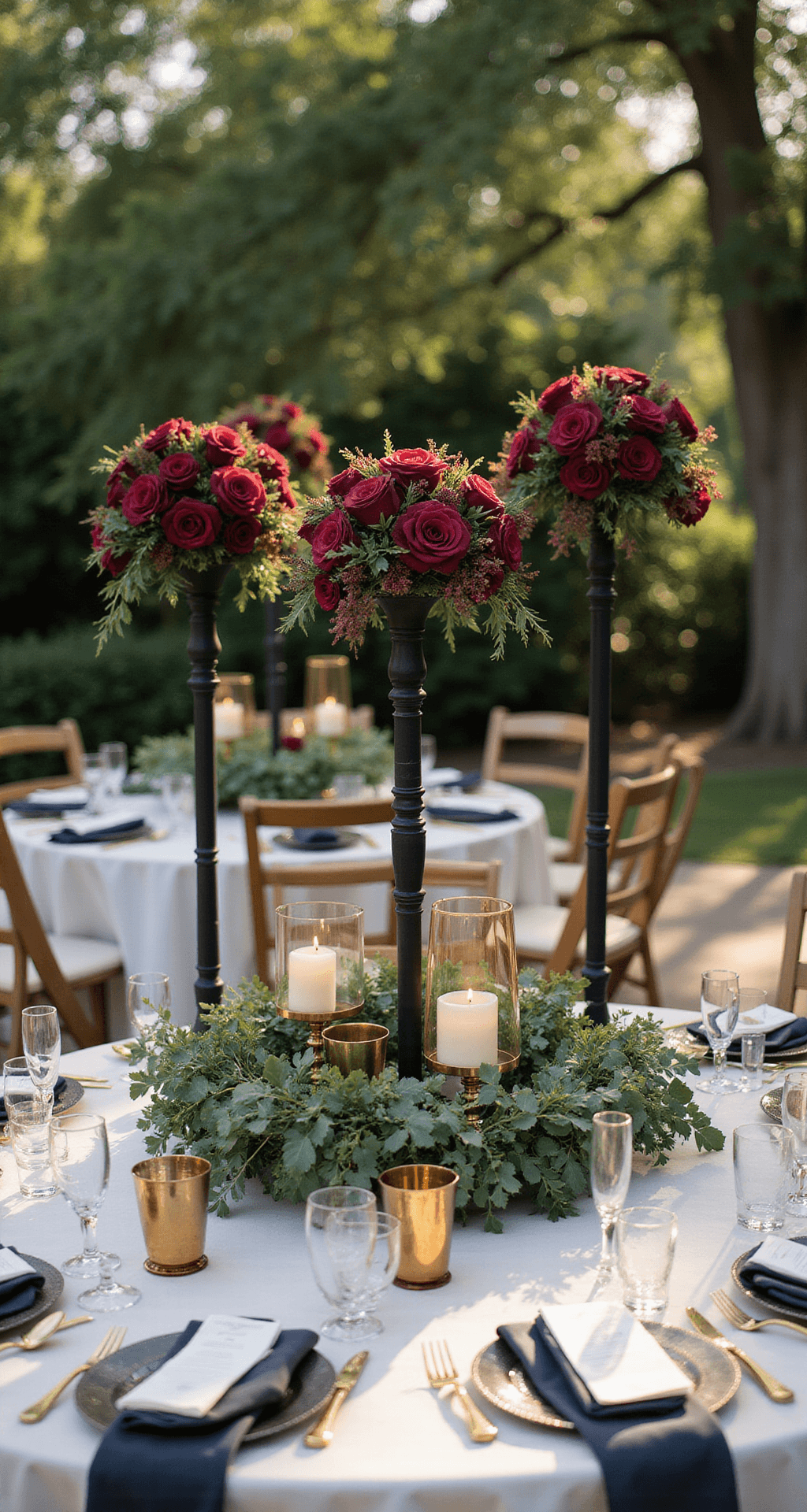 Round Wedding Tables: The Complete Guide to Creating Show-Stopping Centerpieces That'll Have Your Guests Talking A close-up shot of elegant Harlow centerpieces with burgundy roses and amaranthus atop black matte stands, surrounded by emerald eucalyptus garlands, gold candles, and dark charcoal napkins on round tables in a modern garden setting during soft morning light.
