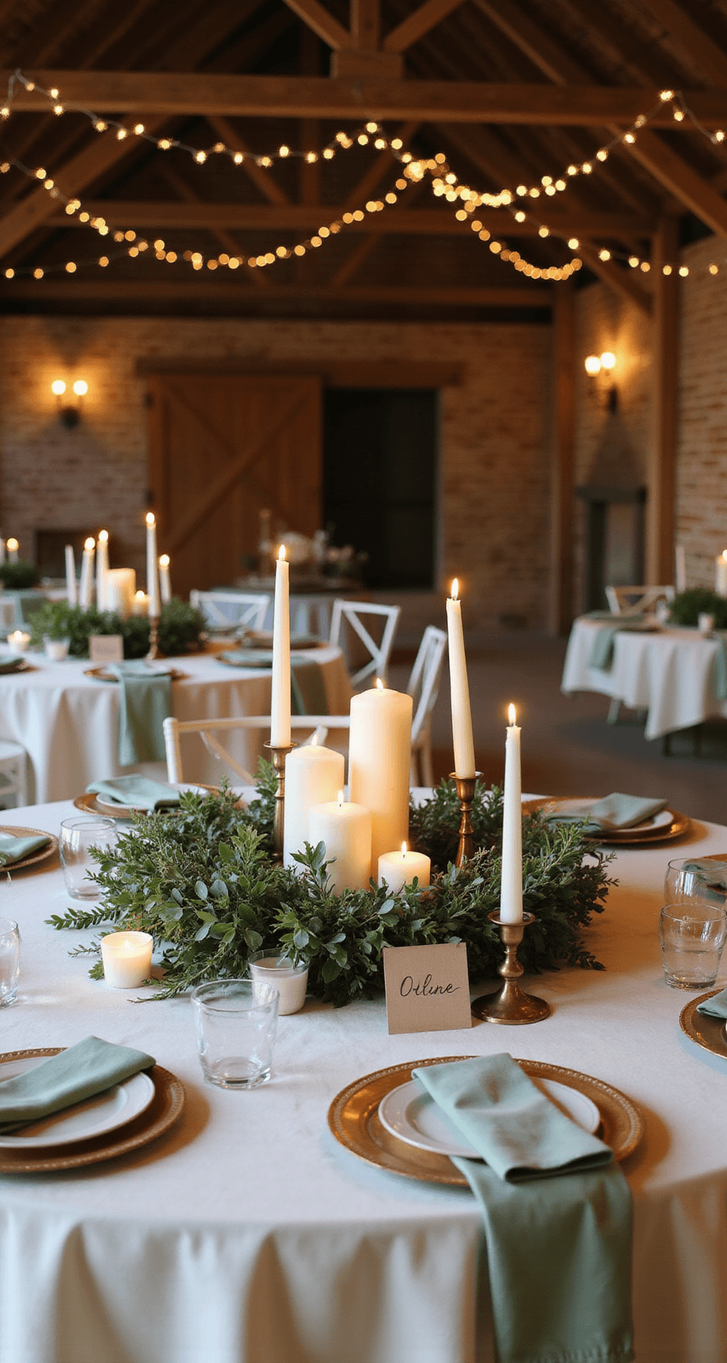 Round Wedding Tables: The Complete Guide to Creating Show-Stopping Centerpieces That'll Have Your Guests Talking A cozy barn venue adorned with overhead fairy lights, featuring round tables decorated with minimalist greenery and candle centerpieces, including tall ivory tapers and pillar candles, all casting a warm glow against rustic wooden beams and exposed brick.
