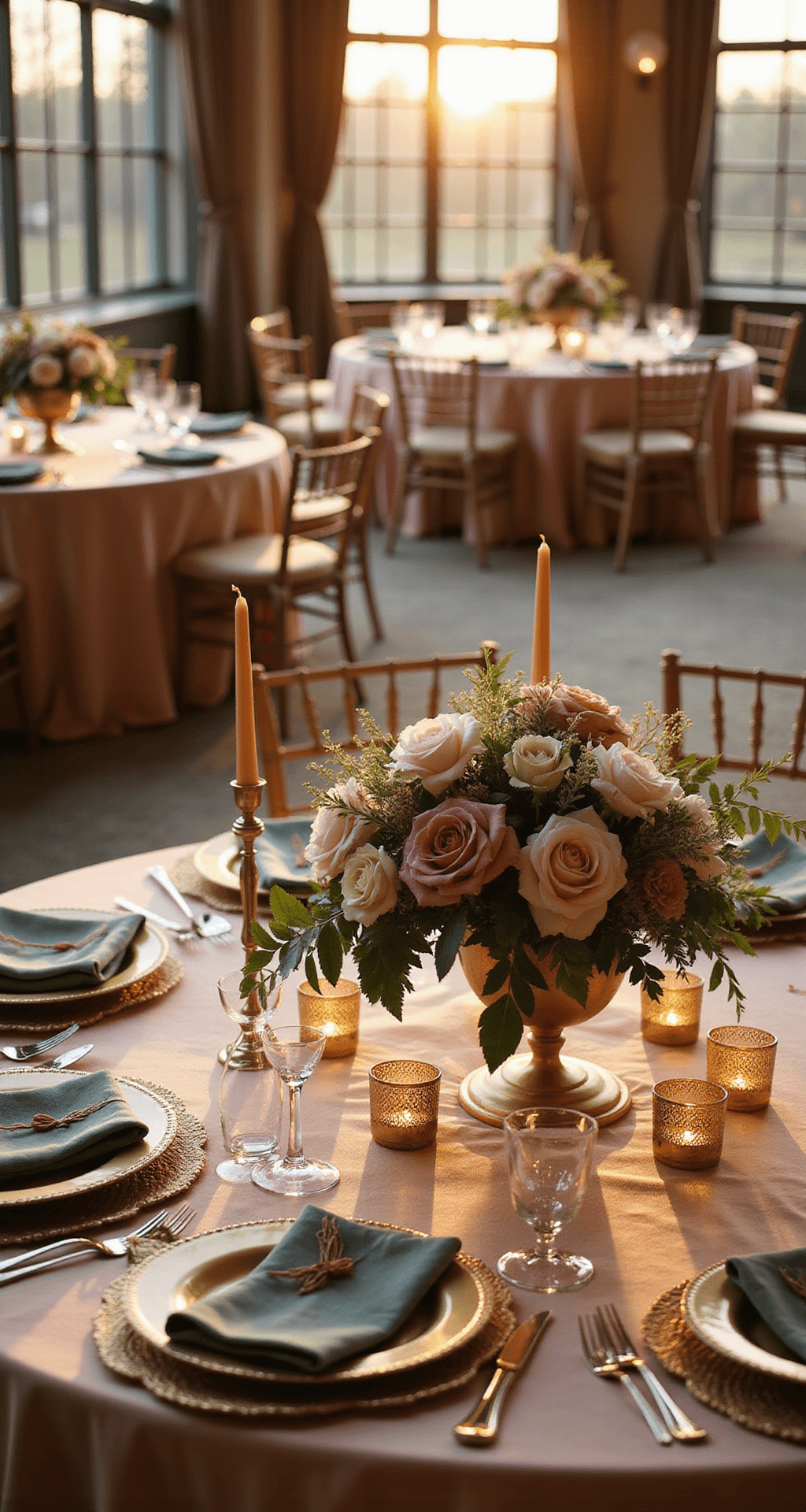 Wedding Reception Table Decor: The Complete Guide to Creating Instagram-Worthy Tablescapes That Actually Work Overhead shot of an elegant indoor ballroom wedding reception at golden hour, featuring round tables with blush silk tablecloths, cascading champagne runners, lush floral arrangements in frosted glass compotes, and clusters of brass taper candleholders, all enhanced by soft romantic lighting and a warm glow from tall venue windows.