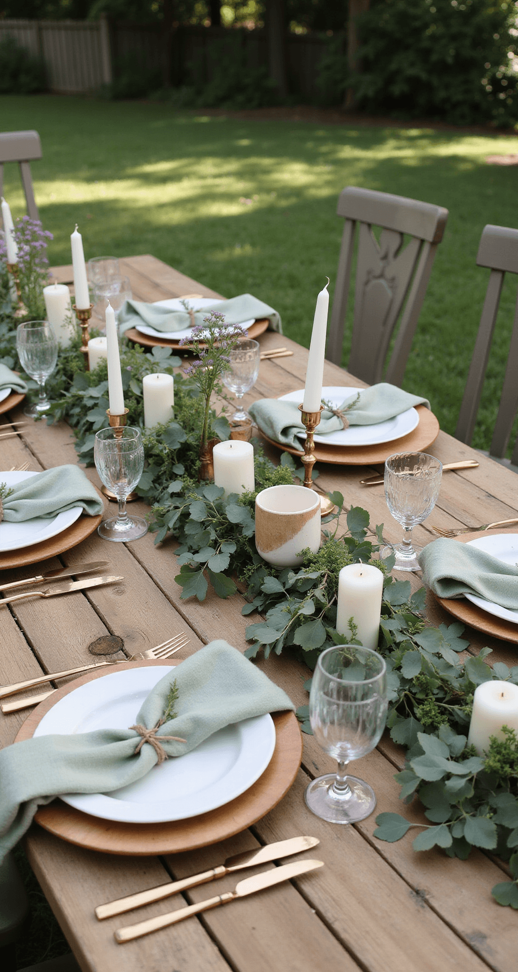 Wedding Reception Table Decor: The Complete Guide to Creating Instagram-Worthy Tablescapes That Actually Work Close-up detail of a rustic garden wedding tablescape featuring a natural wood farm table with a eucalyptus garland, white pillar candles, sage green linen napkins tied with twine, wooden chargers, ivory stoneware plates, and various heights of brass and copper candleholders, complemented by ceramic bud vases with wildflowers, all bathed in soft morning light and surrounded by lush greenery.